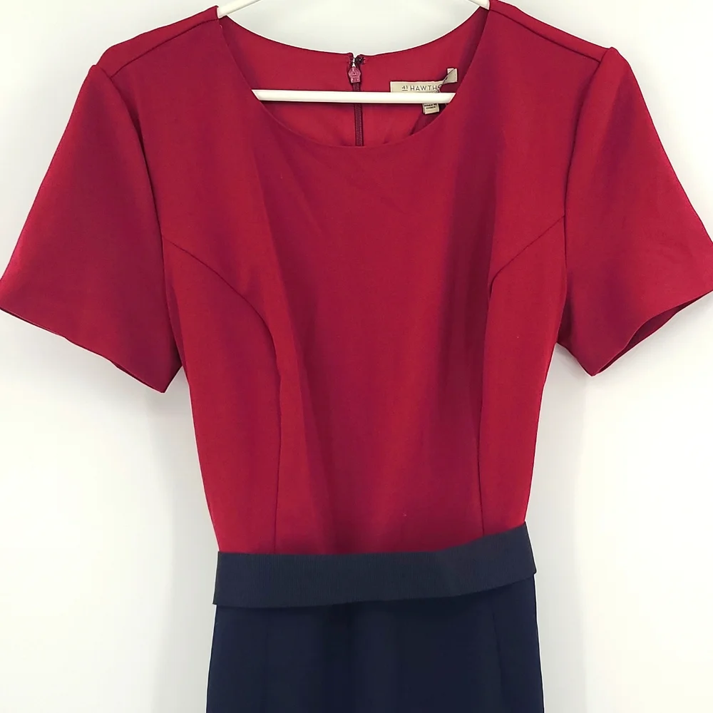 41 Hawthorn Large Magenta Navy Blue gold trim belt zipup midi dress work church - Picture 2 of 6